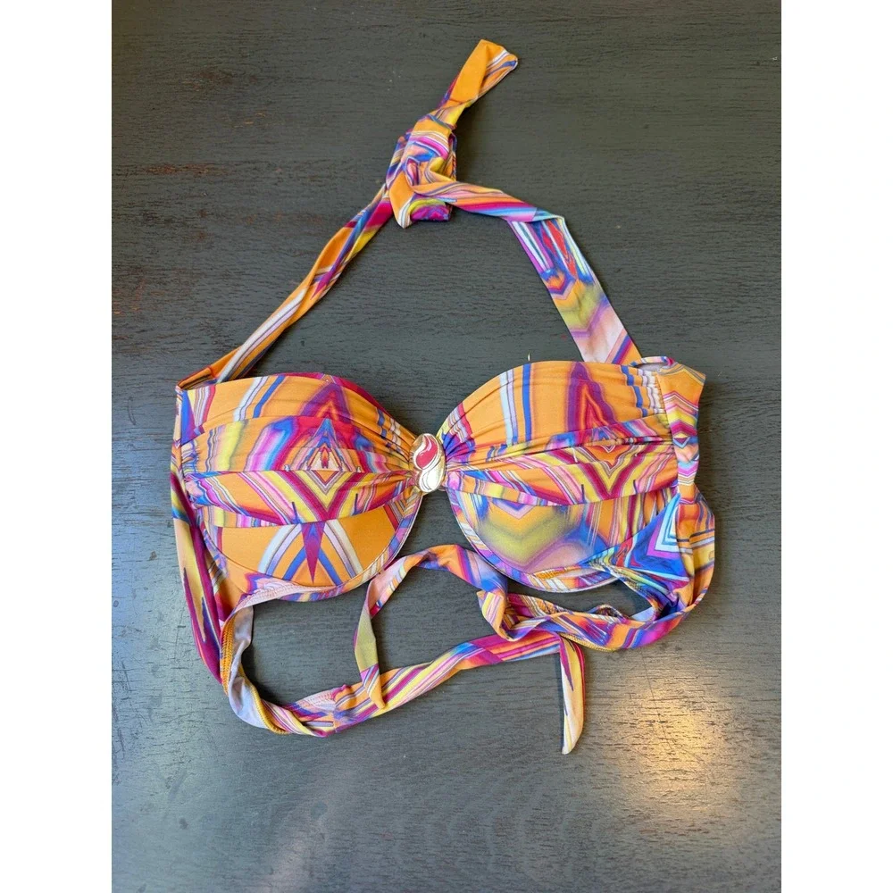 Mardu Brazilian Bikini Top Orange Pink Psychedelic Geometric Halter Padded GG